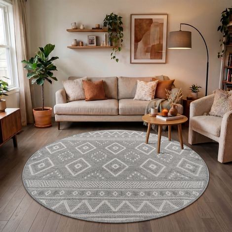 Paco Home Tappeto Per Esterno Da Balcone Terrazza Tappeto Cucina Moderno Boho Etnico Grigio 2, 80 cm tondo