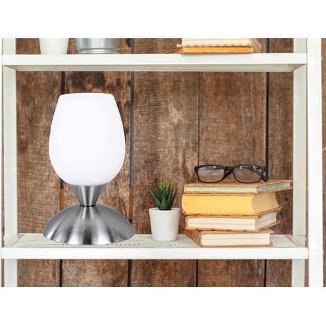 LED Tischleuchte Glasschirm Weiß, Sockel Silber - Touch dimmbar, Höhe 18cm (1/5)