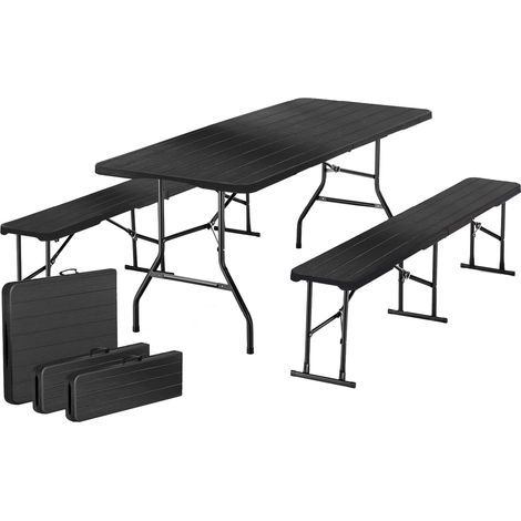 Iztoss – Table de jardin pliante 180x74cm – Ensemble 2 bancs pliants pour 8 personnes – Plastique HDPE et acier galvanisé – Noir