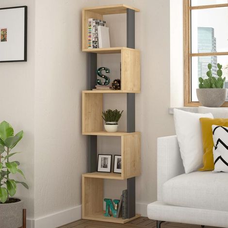 Libreria Design Moderna Scaffale Modulare 5 Ripiani 161x35x30cm Ufficio Oak Grey (1/5)