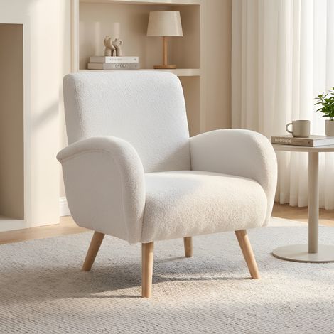 Wahson Poltrona Imbottita in Pelliccia, Rivestimento Traspirante Gambe in Legno per soggiorno/Camera da Letto, Bianco