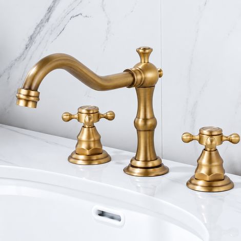 Robinet mélangeur lavabo 3 trous rétro laiton Finition antique 45 × 40 × 15 cm 1,2 kg double commande eau chaude froide vasque salle de bain – Livraison gratuite