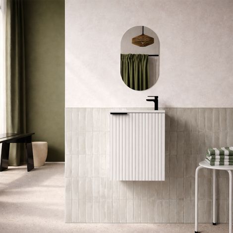 Set mobile da bagno salvaspazio in MDF ondulato bianco 40x50x22 cm e specchio ovale - MILO