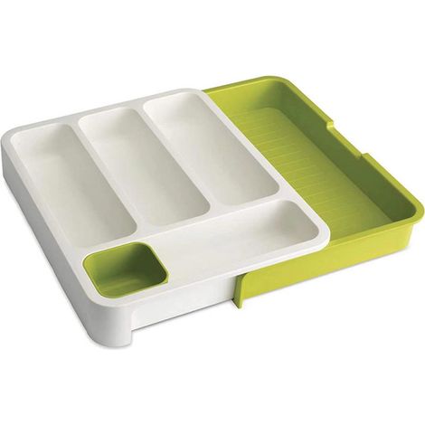 Range couverts,7 casiers, extensible couvert et ustensiles de cuisine, plastique, 5.5 x 28x36cm blanc et vert (1/4)
