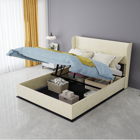 Lit moderne rembourré beige 140x200 cm en tissu et métal, tête de lit douce, sans sommier (1/5)