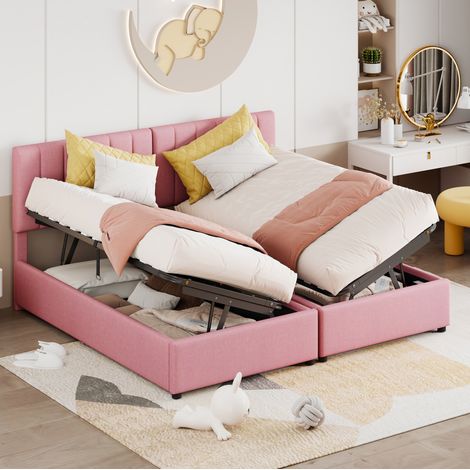 Bett 180x200 cm klassisch rosa, Polsterbett mit verstellbarem Kopfteil, hydraulischem Stauraum und 2-in-1 Funktion (1/5)