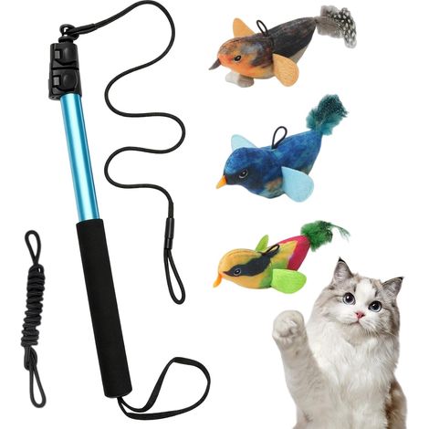 Ensemble de cannes à pêche extensibles et robustes pour chats (41-102 cm) - Jouet interactif pour chats avec 3 jouets en forme d'oiseau pour chats actifs, utilisables à l'intérieur comme à l'extérieur (1/5)