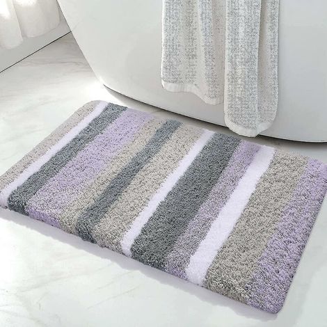 Gestreifte Mikrofaser-Badematte fürs Badezimmer (lila-grau, 43 x 61 cm), extra dick, weich und flauschig, saugfähig, maschinenwaschbar, rutschfest für die Badewanne (1/5)