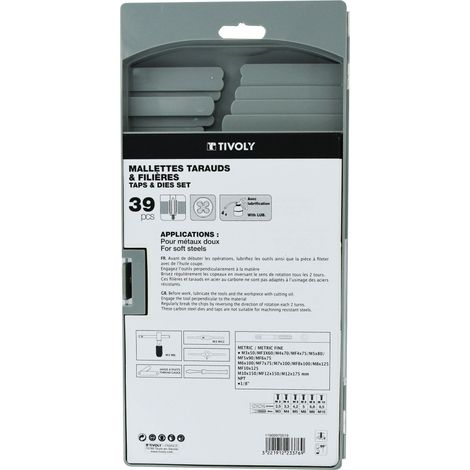 Tivoly • Scatola da 39 pezzi - 17 maschi + 17 filiere da M3 a M12 e da MF4 a MF12 + 1 calibro per filetti + 1 cacciavite + 2 portamaschi + 1 portafiliera