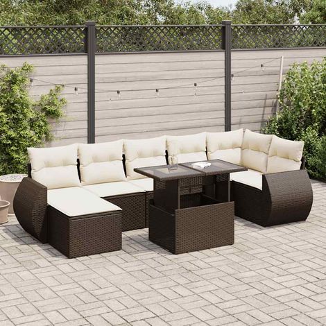 [Ensemble de salon de jardin] + Canapé en résine tressée marron 8 places avec table et coussins crème amovibles (1/4)