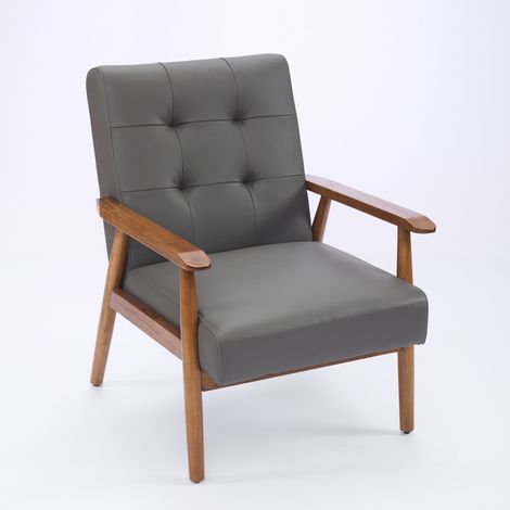 Grauer Lounge-Sessel aus Echtleder mit nussbaumfarbenen Armlehnen und Gummibaumholzbeinen (1/5)
