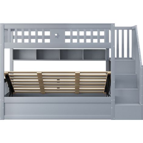 Cama alta de madera gris con almacenamiento hidráulico y escalera con estantes (1/5)