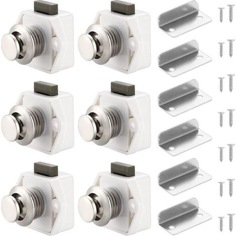 Lot de 6 verrous à bouton-poussoir pour placard, tiroir, placard, porte, caravane, camping-car, bateau, blanc (1/5)
