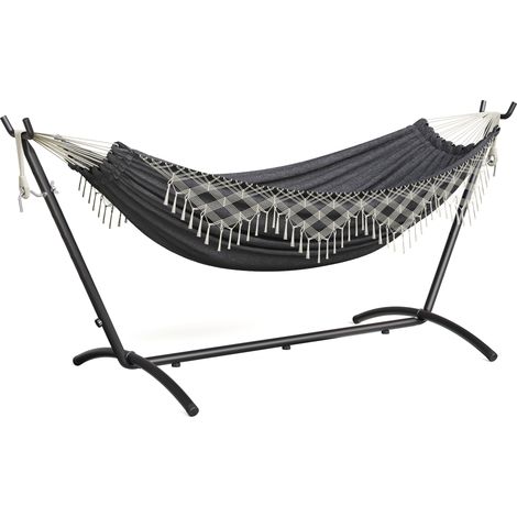 Mondeer – Hamac sur pied double avec franges tressées – Réglage de hauteur 6 positions – Sac de transport inclus – Charge maximale 200 kg – Tissu respirant en polyester