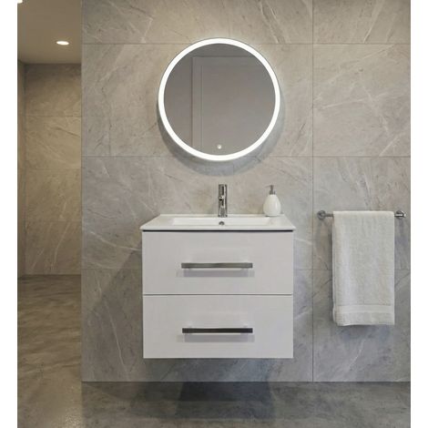 Meuble Salle de Bains avec vasque/lavabo sous vasque suspendre Chania 60 Blanc brillant, 1 Miroir Rond 60 avec LED (1/5)