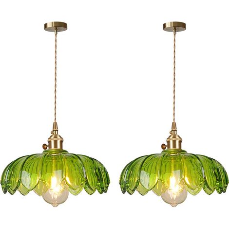 2PCS Plafonnier D'Intérieur Vintage Suspension Luminaire En Verre Lustre Rétro Moderne Vert (1/5)