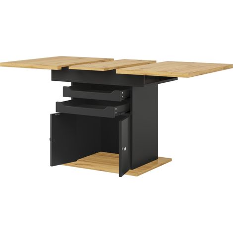 Tavolo da pranzo estensibile 110-140 x 80 cm nero, MDF e metallo, con 2 cassetti e vano contenitore (1/5)