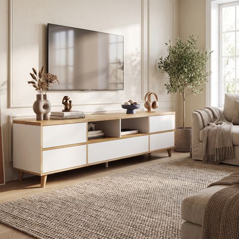 Meuble TV Lowboard 175x37x51cm avec 4 Portes et Compartiments Style Maison de Campagne Blanc et Bois (1/5)