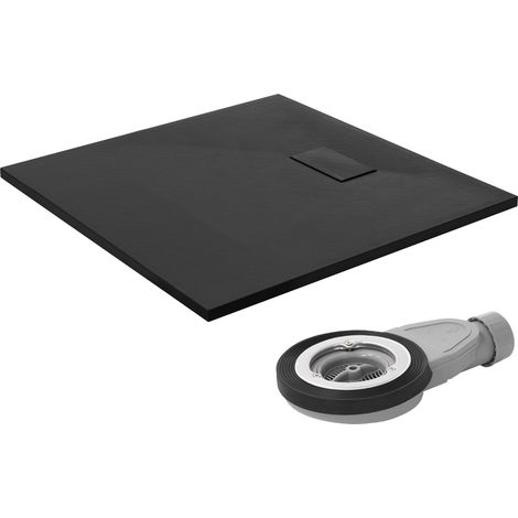 LuxeBath Duschwanne 90x90 cm Schwarz mit Ablaufgarnitur, Extra flache und robuste SMC Duschtasse, Quadratische Brausewanne H:30mm, Design Brausetasse Anti-Rutsch-Oberfläche in Schieferoptik mit Siphon (1/5)
