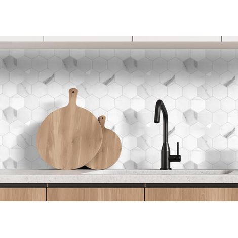 Lot de 12 Crédences Adhésives Rigides Hexagone Marbre Blanc 33 x 27,5 cm - 1,09 m² - Livraison gratuite (1/5)