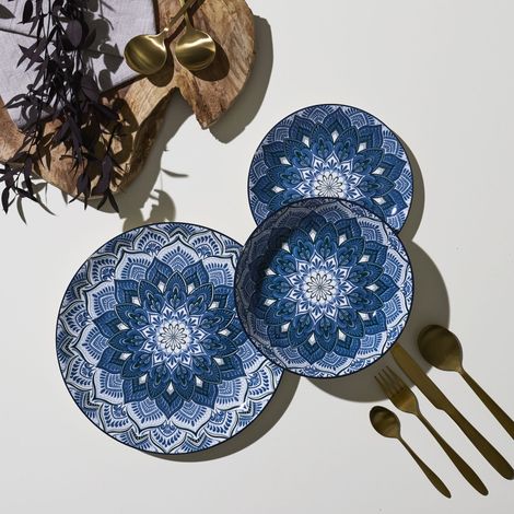 The Home Deco Factory – Service vaisselle 12 pièces en porcelaine – Assiettes plates 27 cm, dessert 19 cm, creuses 20 cm – Motif mandala bleu (1/5)