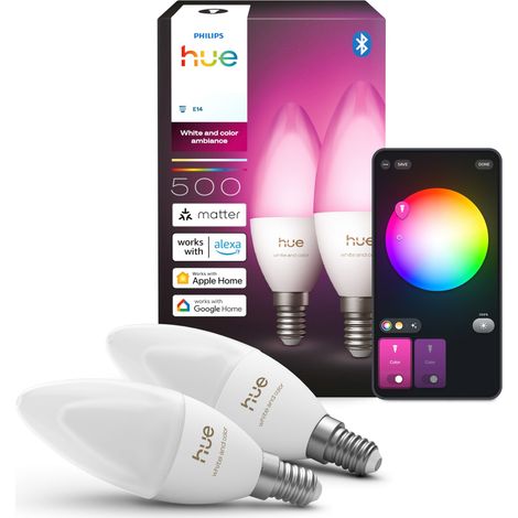 Philips Hue LED Lot de 2 Ampoules Flamme E14 Dépolie Lumière blanche et colorée - White and Color Ambiance (1/5)