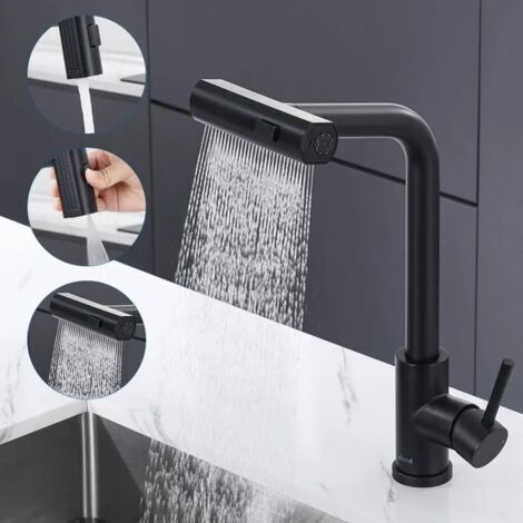 Robinet Cuisine Noir Cascade, Mitigeur Cuisine avec Douchette Extractible 3 Modes , Escamotable Rotatif à 360° en Acier Inoxydable (1/5)