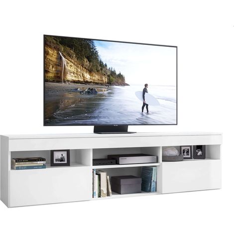 Meuble TV de salon Oshi de style moderne en blanc mat avec 2 portes et 4 étagères en mélamine 175 x 48 x 35 cm (1/5)
