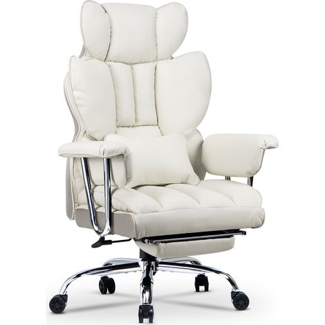 Chaise de bureau en cuir, dossier haut réglable, ergonomique, soutien lombaire, accoudoirs et repose-pieds rembourrés (blanc) (1/5)