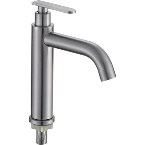 304 Stainless Steel Single Cold Finish Faucet, Countertop/Undermount Basin Faucet for Home Bathroom - 304 Single Cold Finish Brushed Curved Spout, Low Style [Flat Handle]