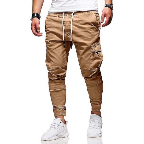 Pantalon cargo de course à cordon pour homme, coupe slim, style décontracté, taille M, kaki (1/4)