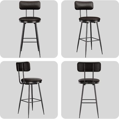 Pack de 4 Taburetes de Bar en Cuero PU, Sillas Altas de Cocina para Isla y Barra, Metal de Estilo Industrial con Respaldo 65 cm, Negro (1/5)