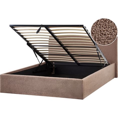 Cama tapizada de bouclé 140 x 200 cm con almacenaje cabecero elevable marrón Orbey (1/5)