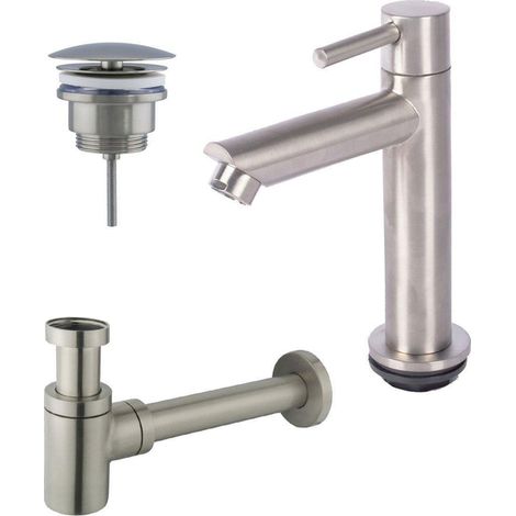 Fortifura Calvi - Ensemble lave-main avec robinet bas à poser, bonde non obturable et siphon design inox brossé pvd (1/4)