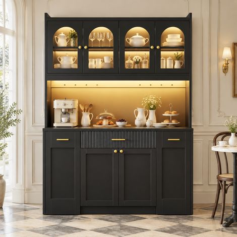 Mobile da cucina alto 120x40x187 cm in MDF nero con LED RGB e vani, FloraGrace (1/5)