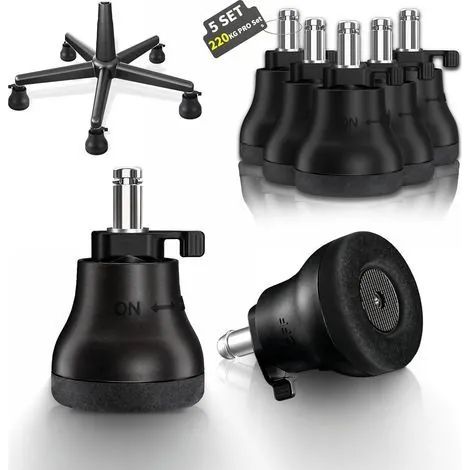 Lot de 5 roulettes de rechange pour chaise de bureau - Roulettes pivotantes pour sols en bois dur - Passage facile entre patins et butée - Réglage marche/arrêt (1/3)