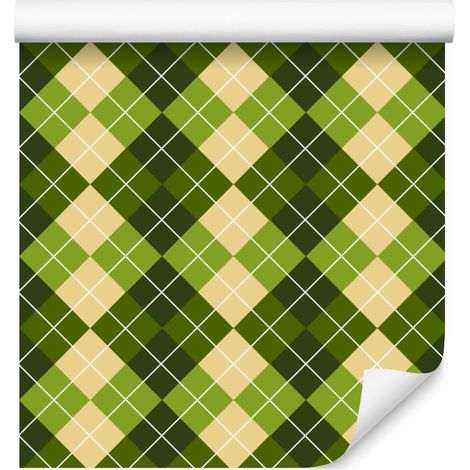 Papel pintado a cuadros verde oliva y lima para salón y dormitorio, 50x1000 cm. (1/5)