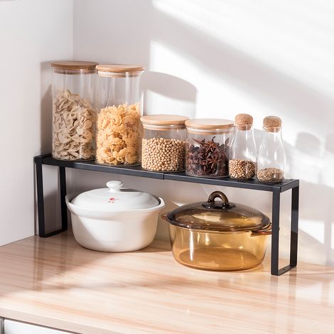 pièce étagère de rangement rétractable noire à un niveau Rangement étroit de cuisine Étagère de rangement à niveaux Étagère à épices de plan de travail (1/4)
