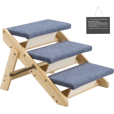 Mophorn Escalier pliable pour animaux à 3 marches, convertible en rampe pour canapé, lit ou voiture, adapté aux chats et chiens jusqu'à 68 kg, fabriqué en bois de pin avec revêtement en feutrine (1/5)
