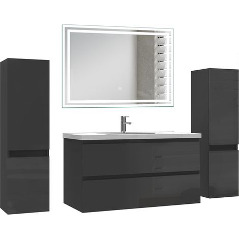Ocean Ensemble de Meuble salle de bain 99cm avec 2 Tiroirs, miroir led + 2 colonnes 110cm, meuble Noir Haut Brillant