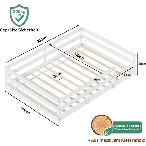 Lit de sol Montessori avec barrière sur 4 côtés – surface complète, pas de sommier à lattes requis, bois de pin, facile à assembler (140x200 cm, blanc) (1/5)