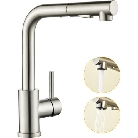 Robinet de cuisine Baollansa, mitigeur extractible avec haute pression, mitigeur d’évier de cuisine avec douchette, 2 types de jets d’eau, mitigeur cuisine en acier inoxydable, pivotant à 360° (1/5)