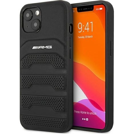 Custodia rigida nera/nera per iPhone 13 mini 5.4" AMG AMHCP13SGSEBK con linee in rilievo in pelle. (1/5)