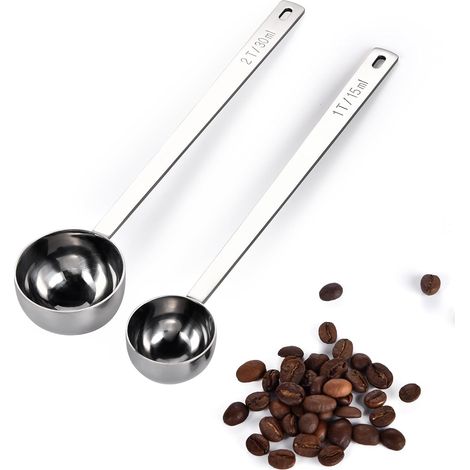 Juego de 2 cucharillas de acero inoxidable con mangos extralargos de 17,4 cm para café molido, en grano, en polvo o espresso ideales para latas grandes (15 ml, 30 ml, color plata). (1/5)