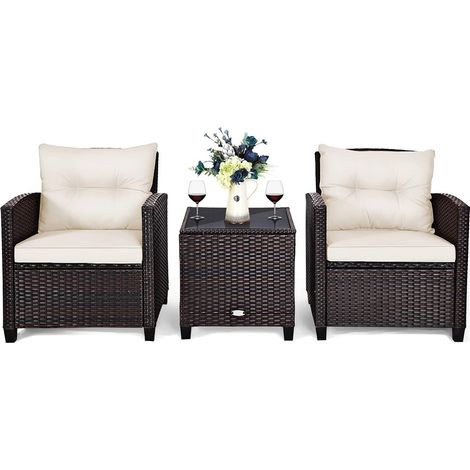 COSTWAY 3-TLG. Polyrattan Lounge Set, Gartenmöbel Rattan Sitzgruppe mit Sitzkissen & Couchtisch, Rattantisch und Stühle, Gartenset BalkonMöbel-Setfür In-&Outdoor, beige (1/5)