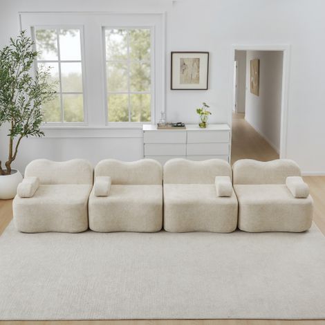 Canapé modulable 4 places sans structure, forme ondulée, mousse haute densité 32D, assise profonde, coussins mobiles, canapé de salon moderne, beige (1/5)