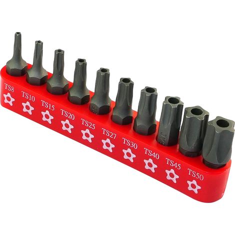 Lot de 10 Embouts 1/4'' T8,T10,T15,T20,T25,T27,T30,T40,T45,T50 - pour Vis Inviolable de Sécurité - Jeu/Support/Kit pour Tournevis/Visseuse - Empreinte Étoile à 5 Pans - Acier S2 (1/5)