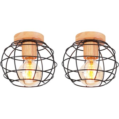 (2X) Plafones De Interior Lámparas Techo Moderna Plafones De Jaula De Madera De Metal Lampara Techo Retro Negro Para Dormitorio Cocina Sala De Estar