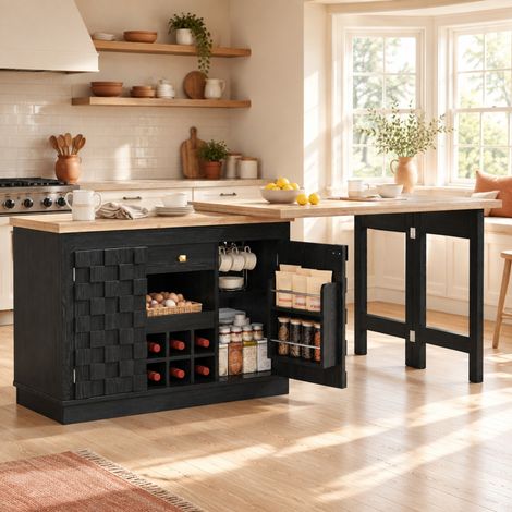 Mueble de cocina giratorio 120–197 cm con puertas patchwork, botellero extraíble, negro DESVIAE (1/5)