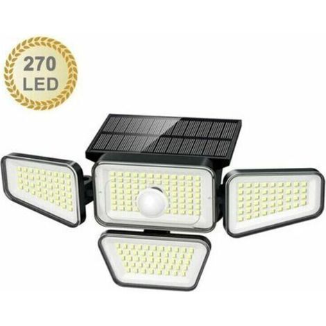 -Lampes Solaires Extérieures, 270 LED 3000LM Détecteur de Mouvement IP65 Étanche 4 Têtes 3 Modes 6500K Énergie Solaire Sécurité LED Projecteurs Sans (1/4)